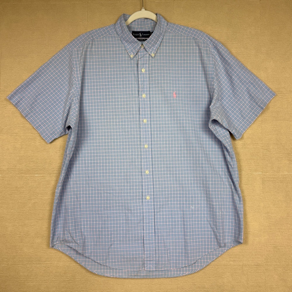 Ralph Lauren Classic Fit Mens XL Short Sleeve Button Down Shirt Blue Pink Check